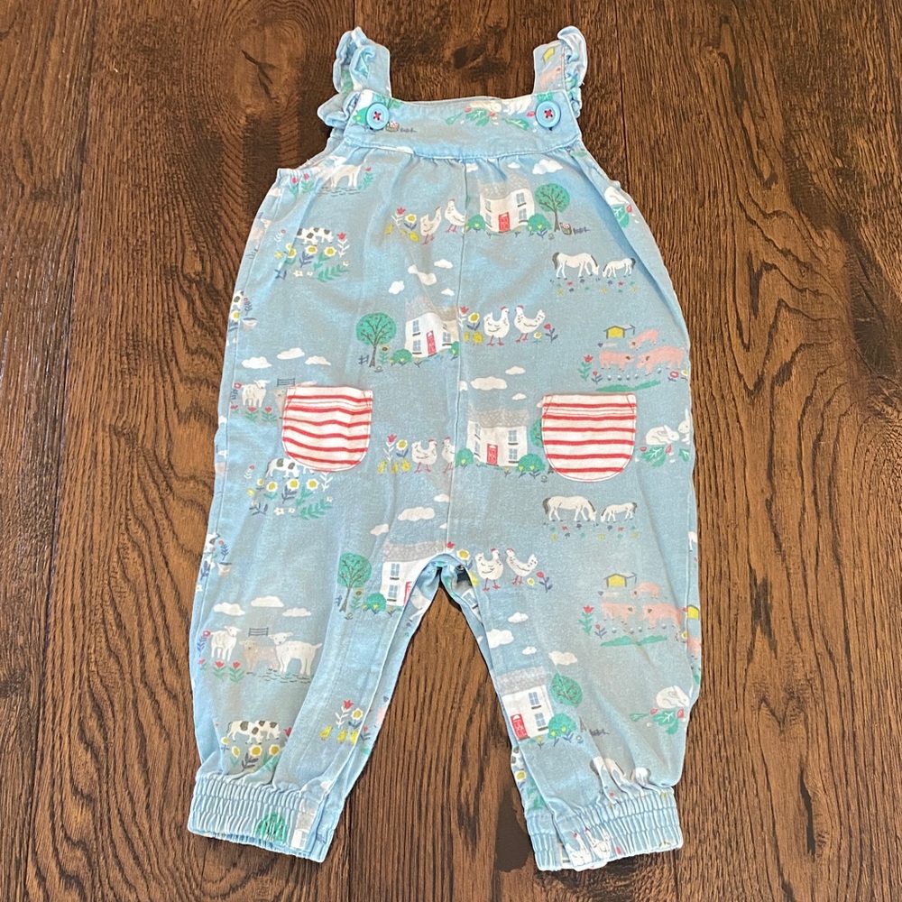 Mini Boden sz 12-18 - Blue Farm Print Baby Overalls with Red Stripe Pockets
